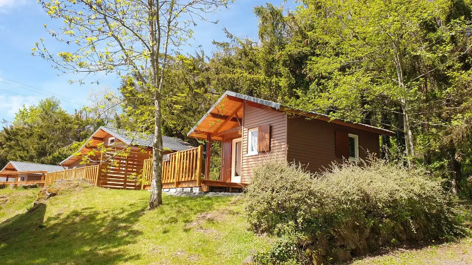 Wooden cabins on grassy hillside surrounded by trees