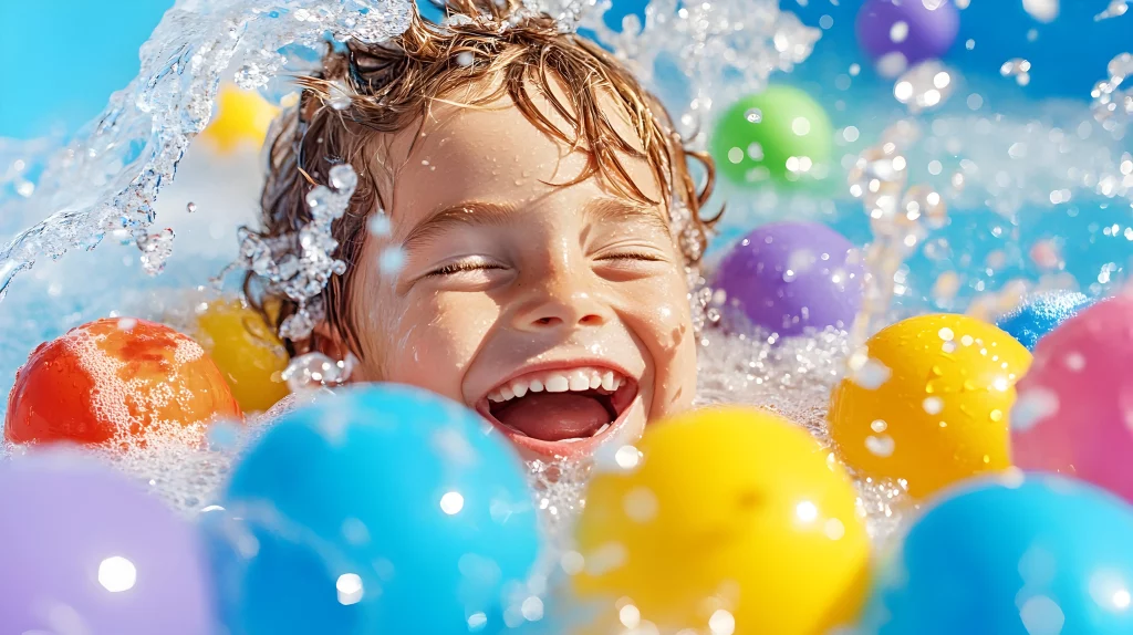 Smiling child playing in pool with colorful balls