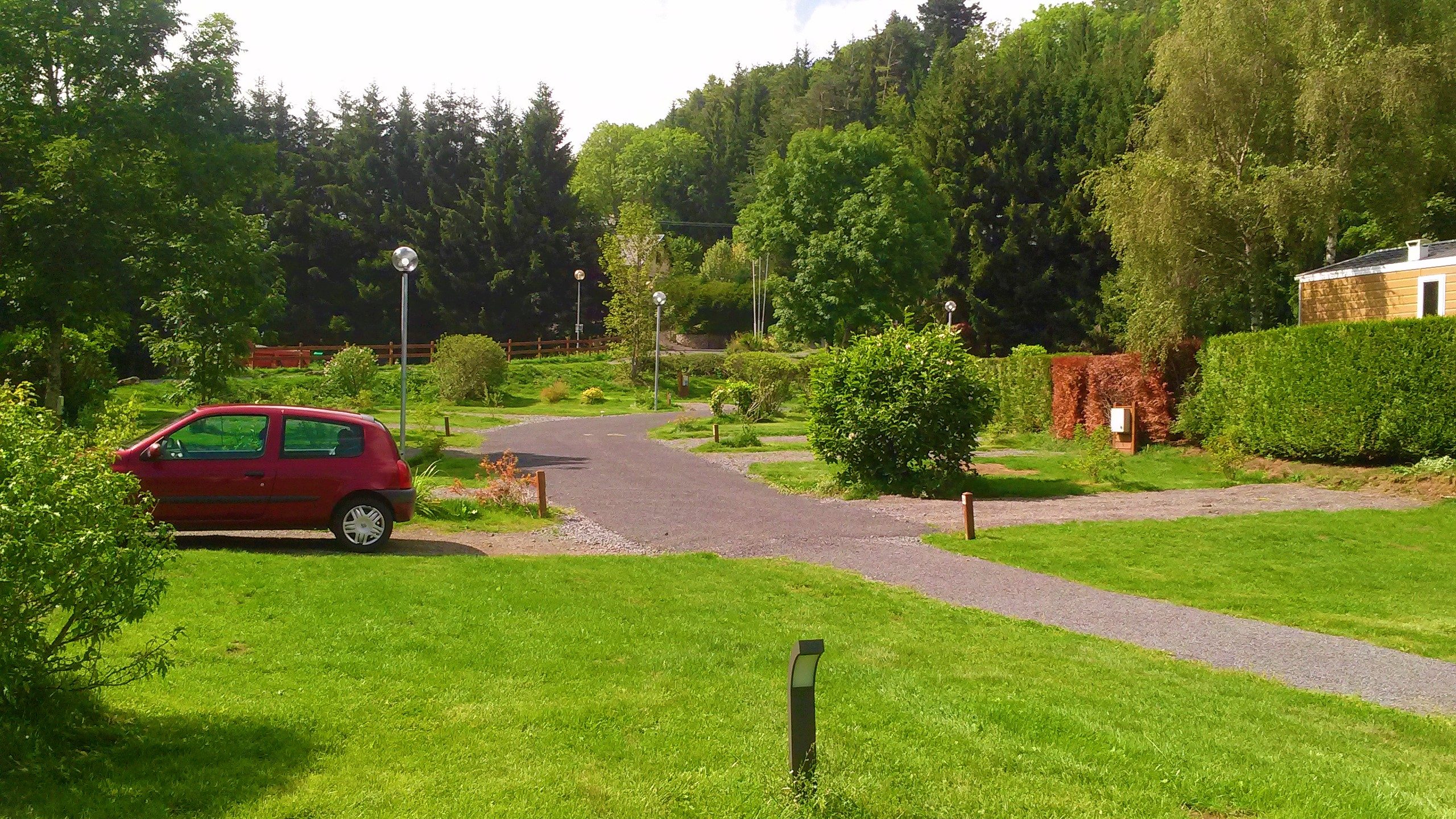 Red car parked near winding park pathway