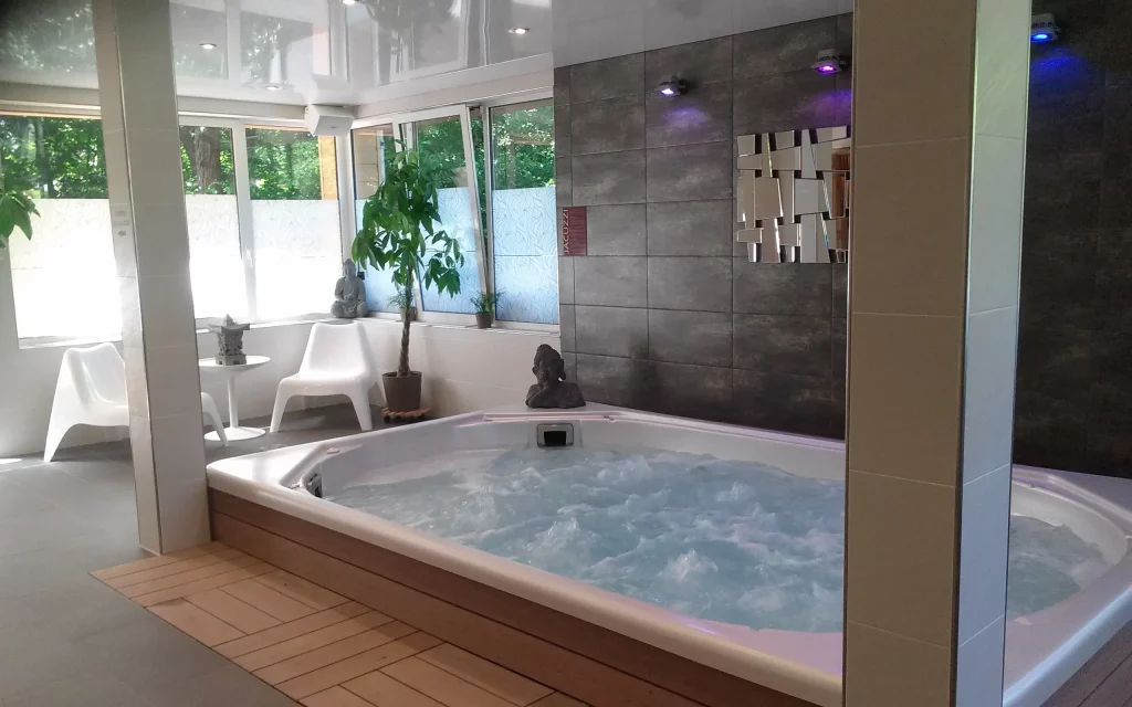 Modern indoor jacuzzi spa with plants and seating