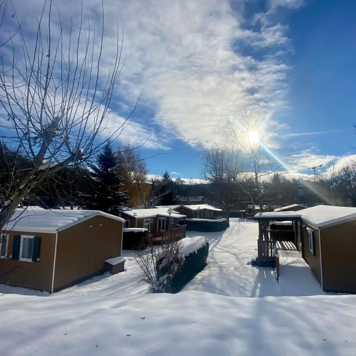 Snow-covered cabins under bright winter sun