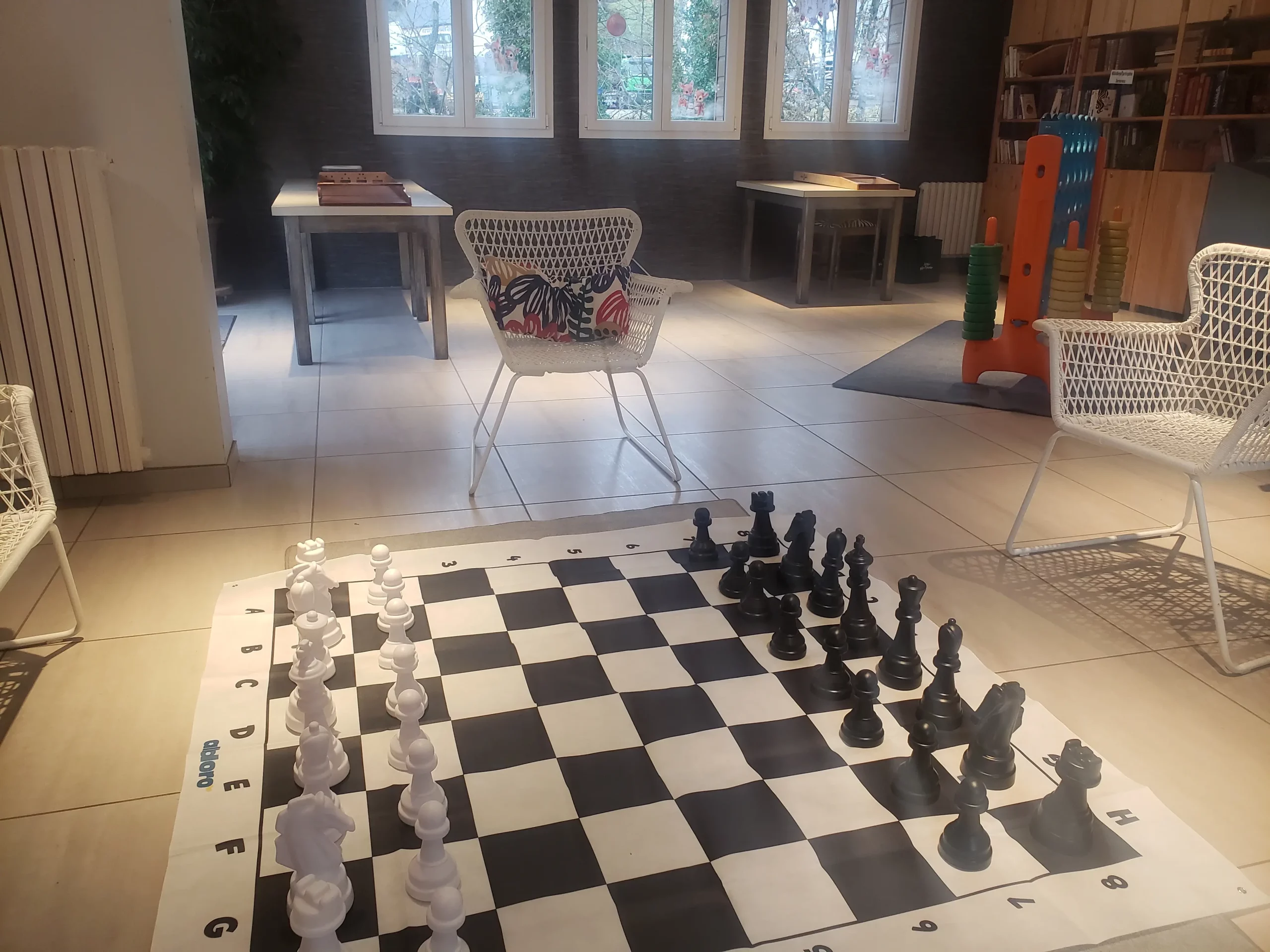 Large floor chessboard in modern lounge