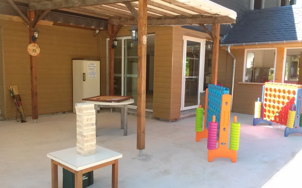 Outdoor patio with giant Jenga and Connect Four