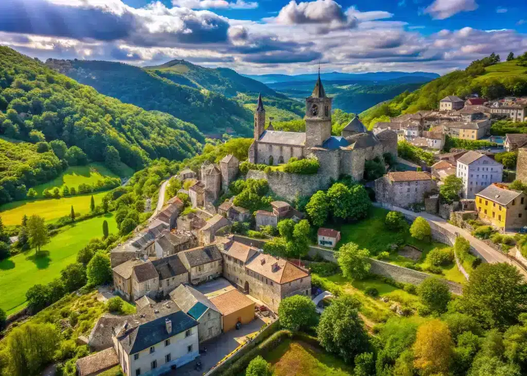 Hilltop medieval village with stone church and mountains