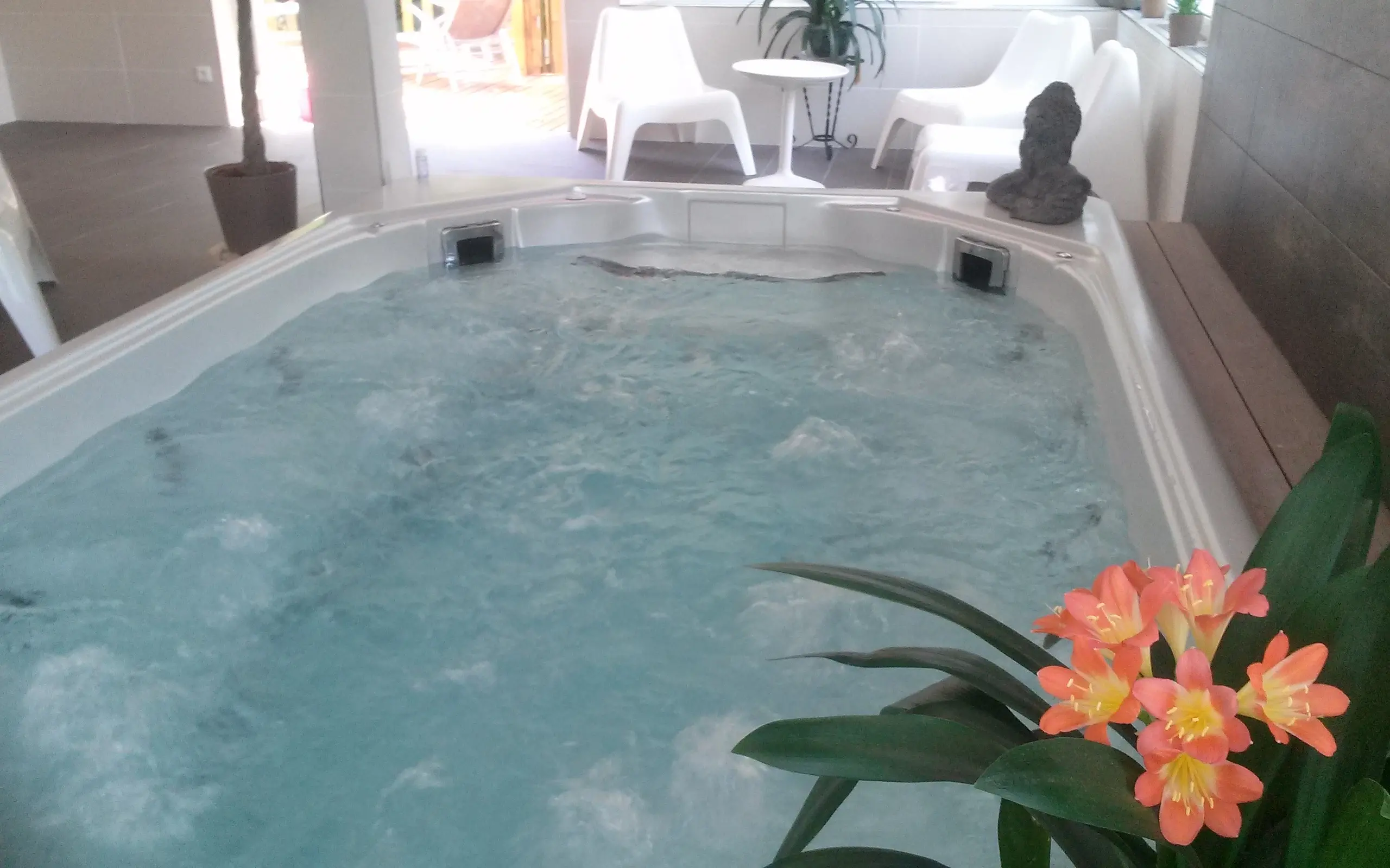 Indoor bubbling hot tub with flowers nearby